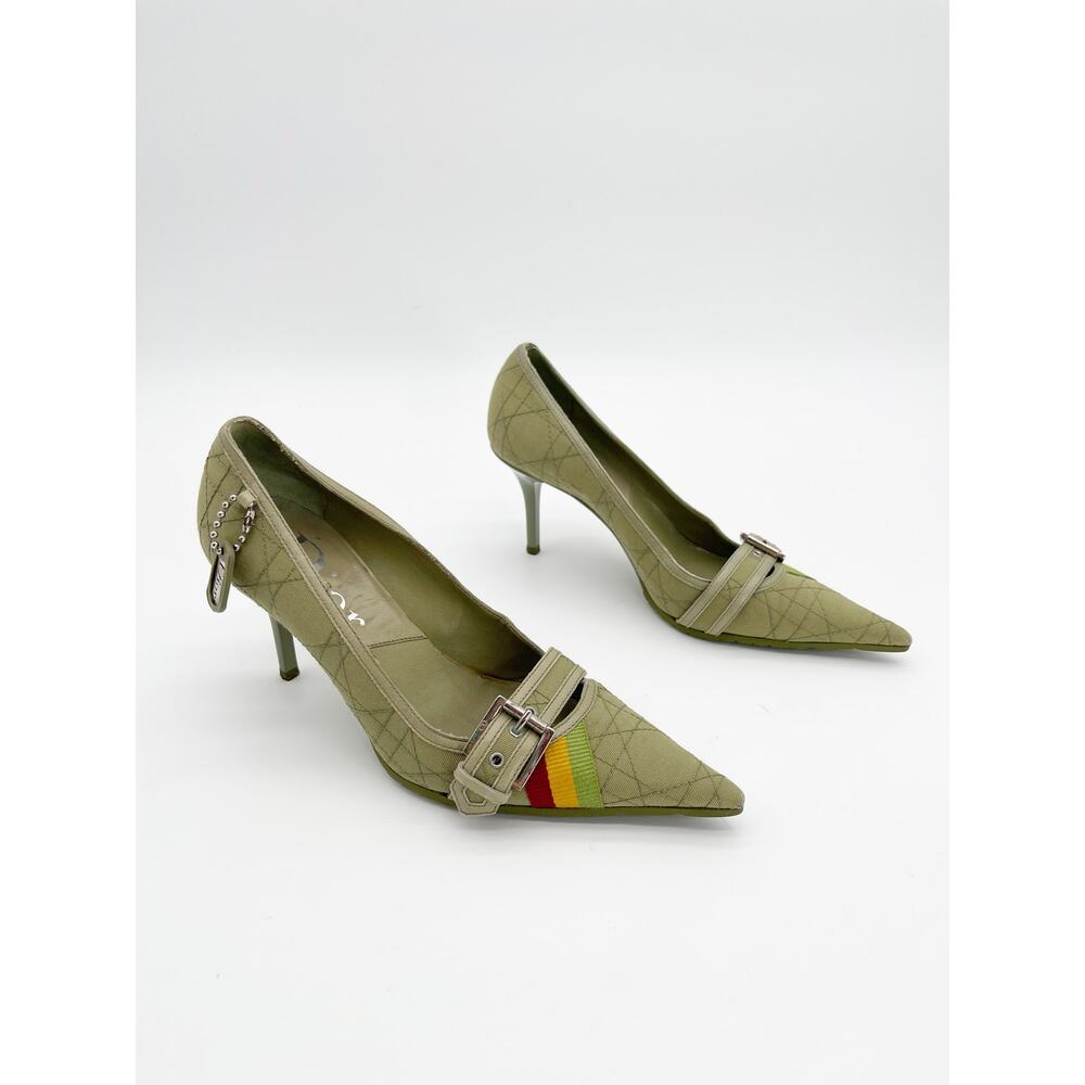 Christian Dior Vintage Green Cannage Rasta Pointed Toe Buckle Pumps Heels EU 37 - Picture 2 of 14